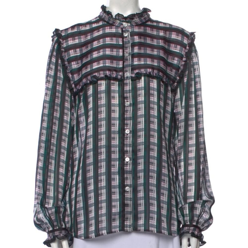 Jason Wu Striped Plaid Print Ruffle Blouse Size 10